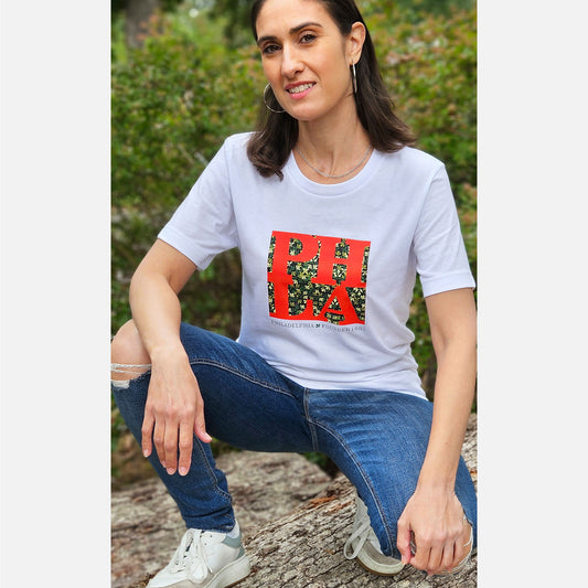 Philadelphia (PHLA) on Lenape camouflage background - graphic T-shirt - white