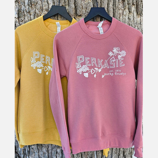 Perkasie/Lenape floral motif graphic crewneck sweatshirt - Heather mustard / mauve