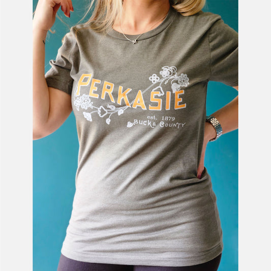 Perkasie/Lenape floral motif graphic V-Neck T-shirt - dark heather grey