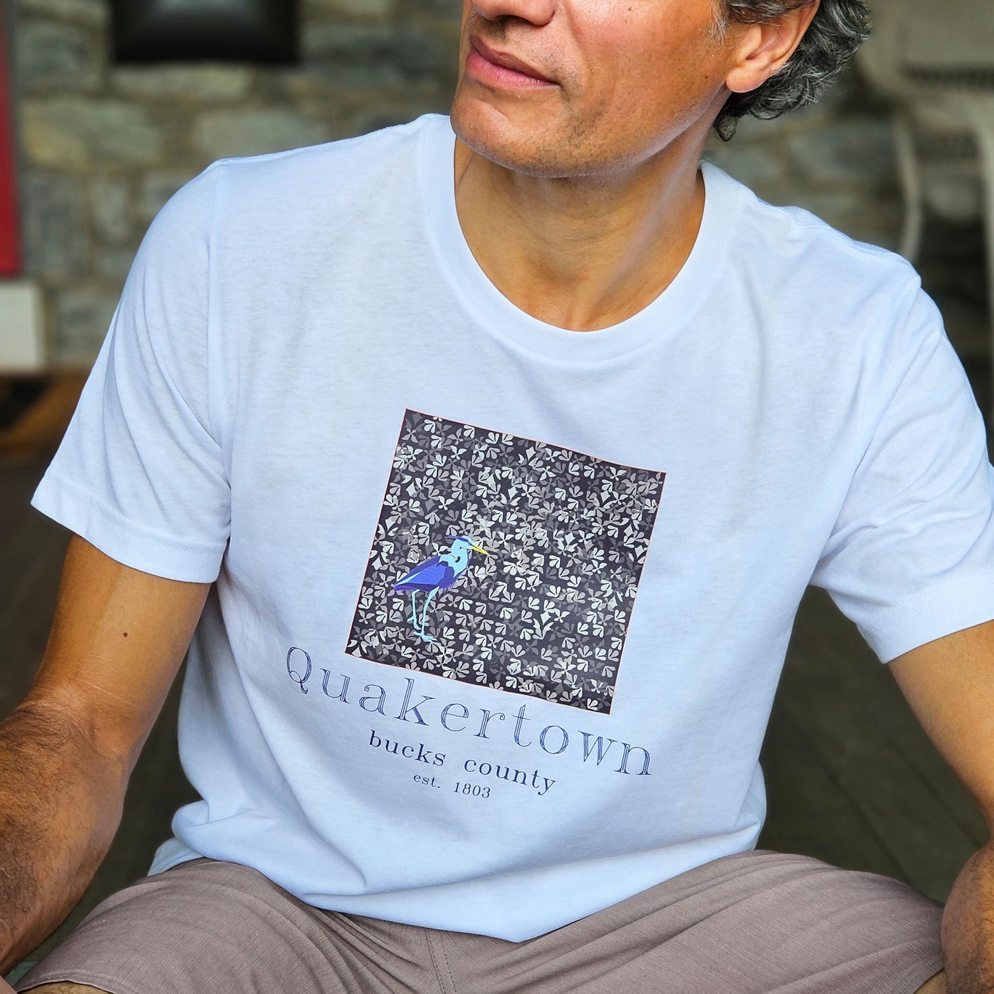 Great blue heron on Lenape camouflage background- Quakertown graphic T-shirt - white