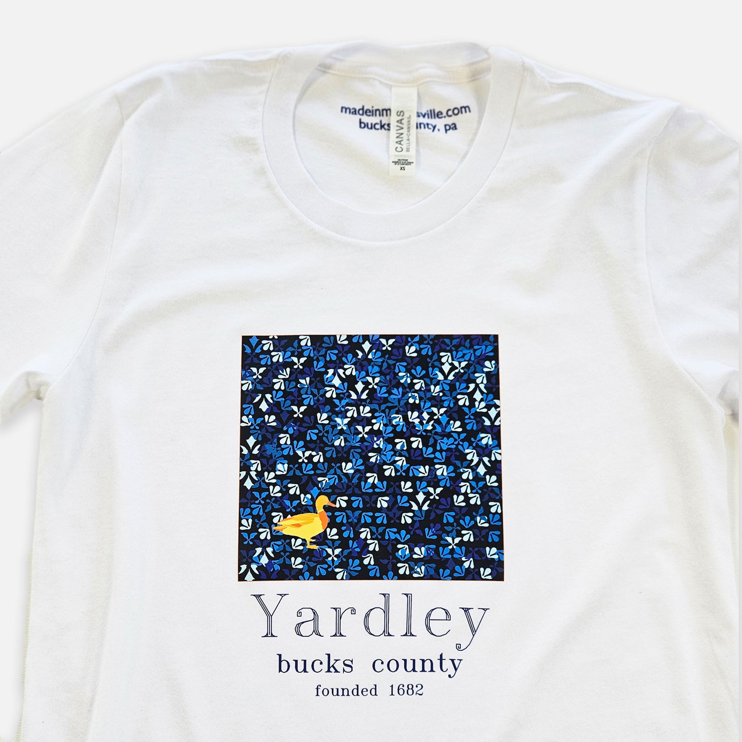 Duck / Yardley on blue Lenape camouflage background graphic T-shirt - white