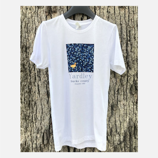 Duck / Yardley on blue Lenape camouflage background graphic T-shirt - white