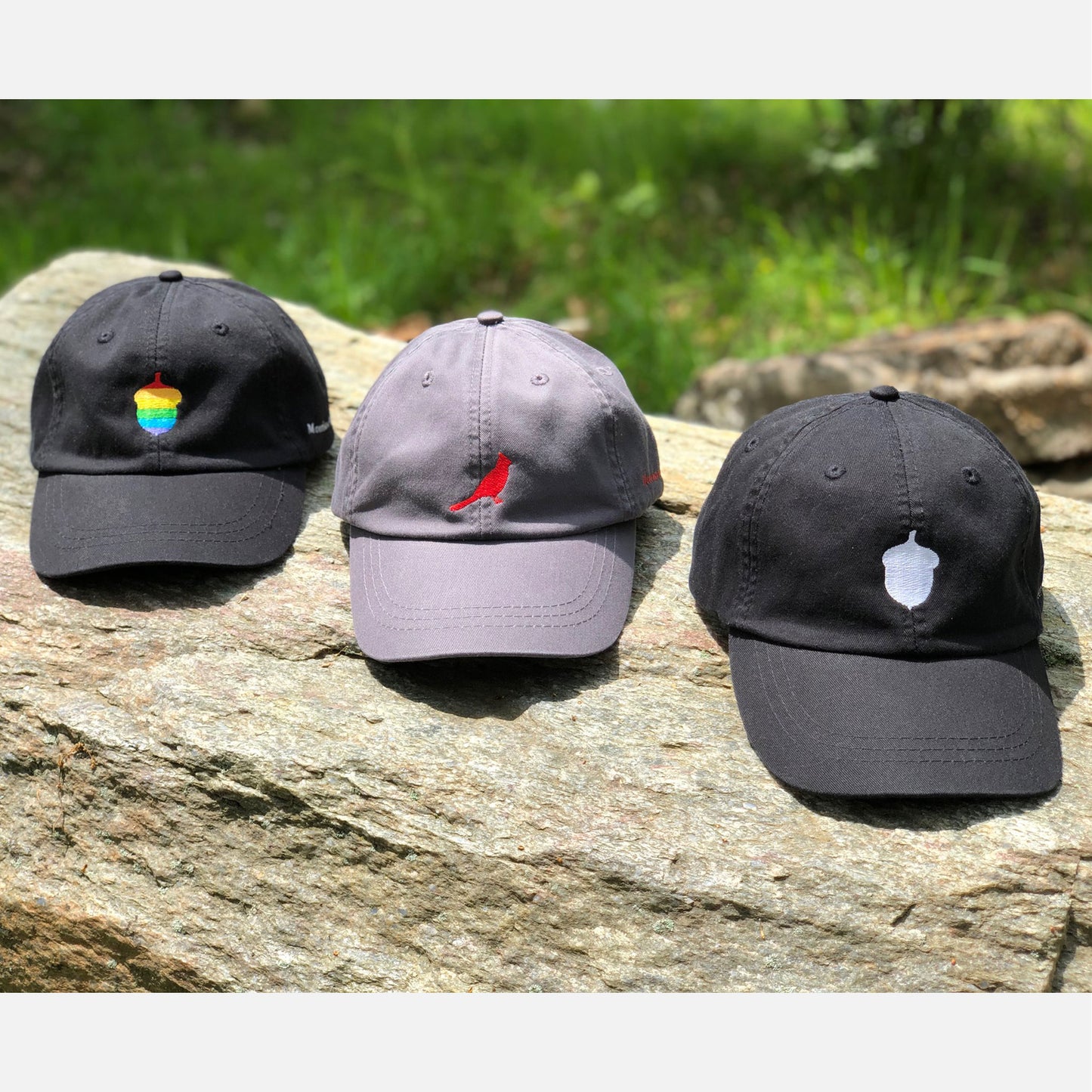 Acorn Needlepoint Hat, black with a rainbow or white acorn