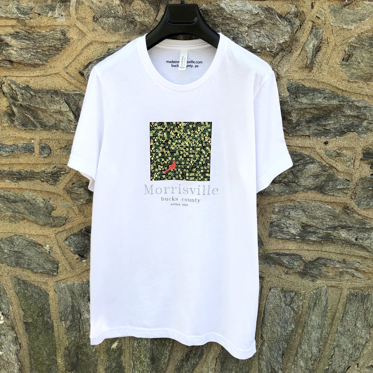 Cardinal on Lenape camouflage background graphic T-shirt - white