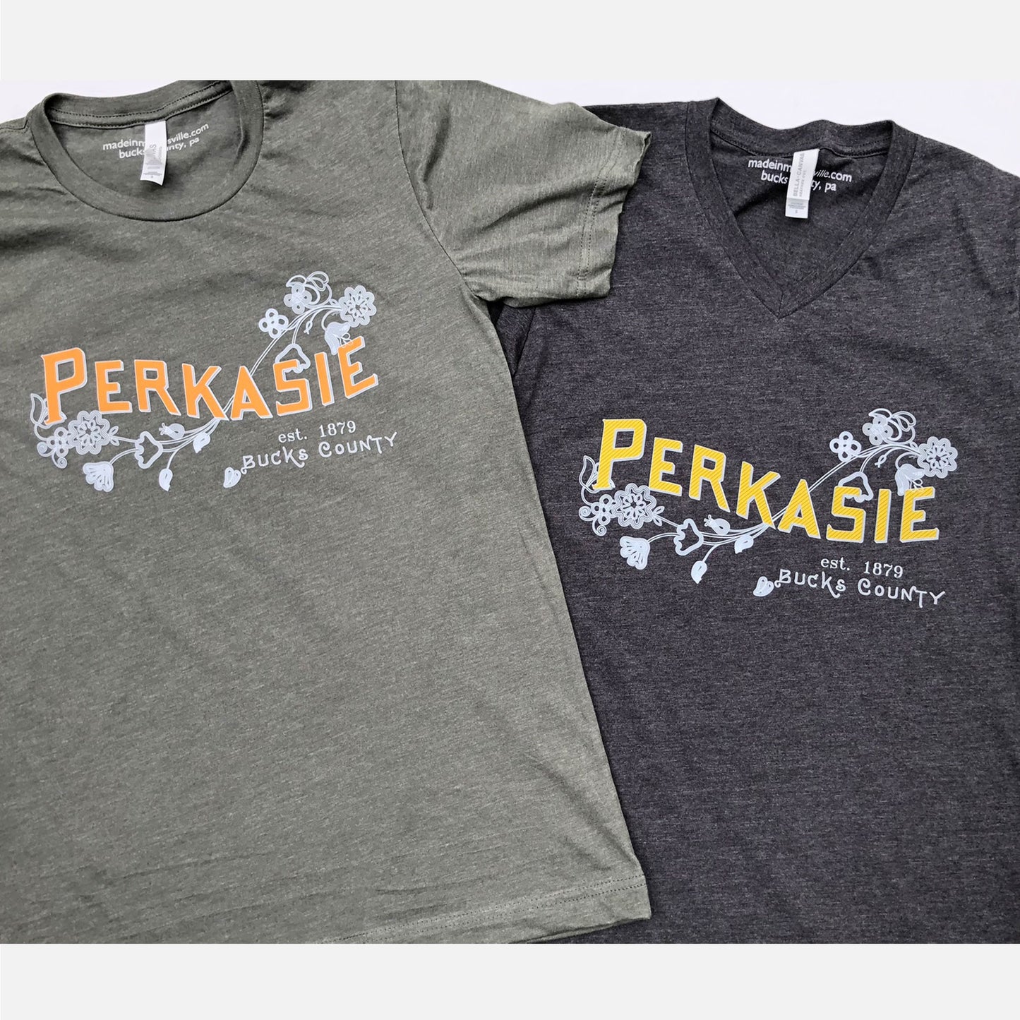 Perkasie/Lenape floral motif graphic V-Neck T-shirt - dark heather grey