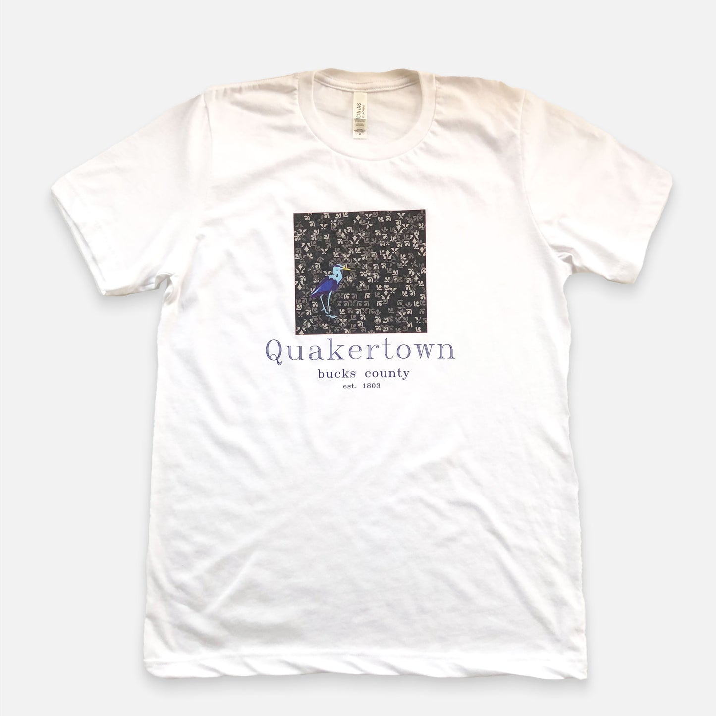 Great blue heron on Lenape camouflage background- Quakertown graphic T-shirt - white