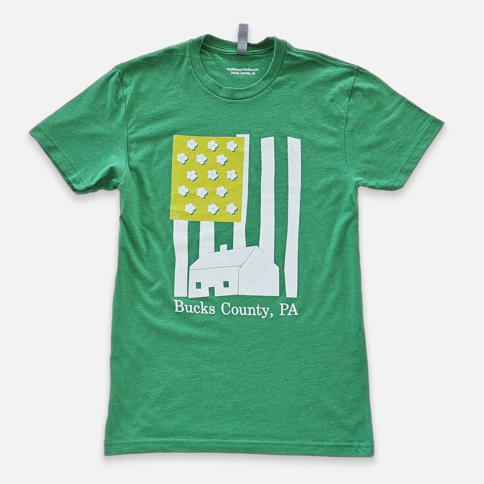 Green t-shirt with Bucks County, PA graphic design on a white background