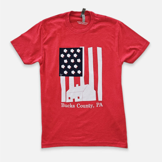 Red t-shirt with an American flag graphic and 'Bucks County, PA' text on a white background