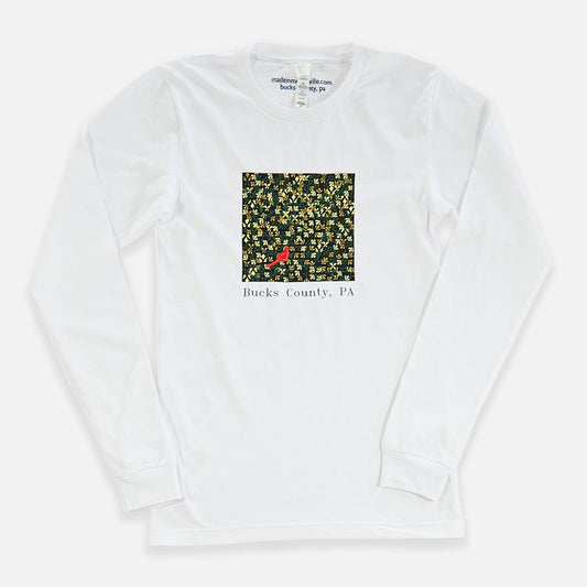 Cardinal on Lenape camouflage background -Bucks County graphic long sleeves shirt- white