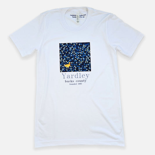Duck / Yardley on blue Lenape camouflage background graphic T-shirt - white
