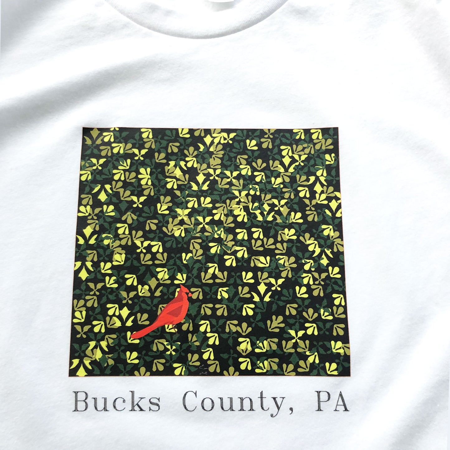 Cardinal on Lenape camouflage background -Bucks County graphic T-shirt - white