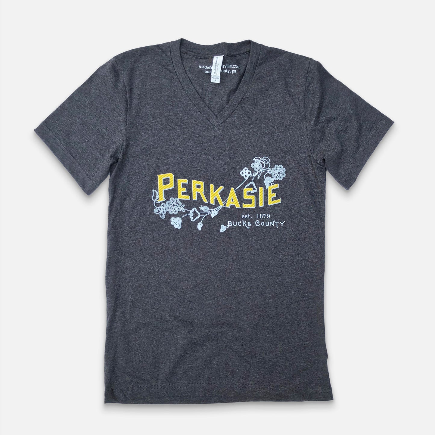 Perkasie/Lenape floral motif graphic V-Neck T-shirt - dark heather grey