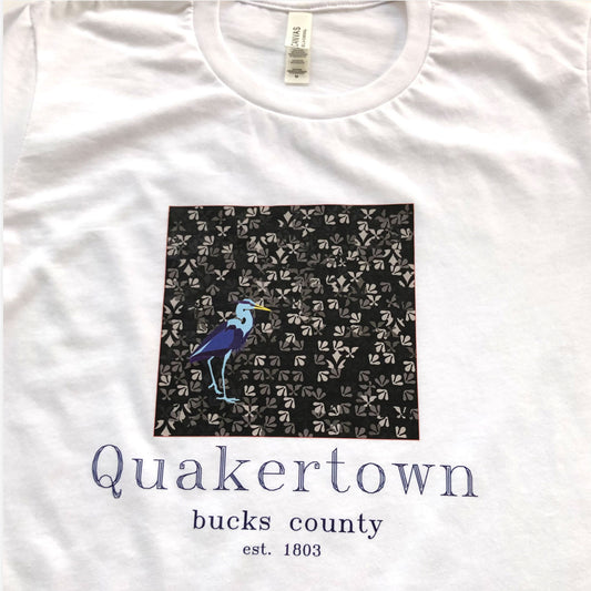Great blue heron on Lenape camouflage background- Quakertown graphic T-shirt - white