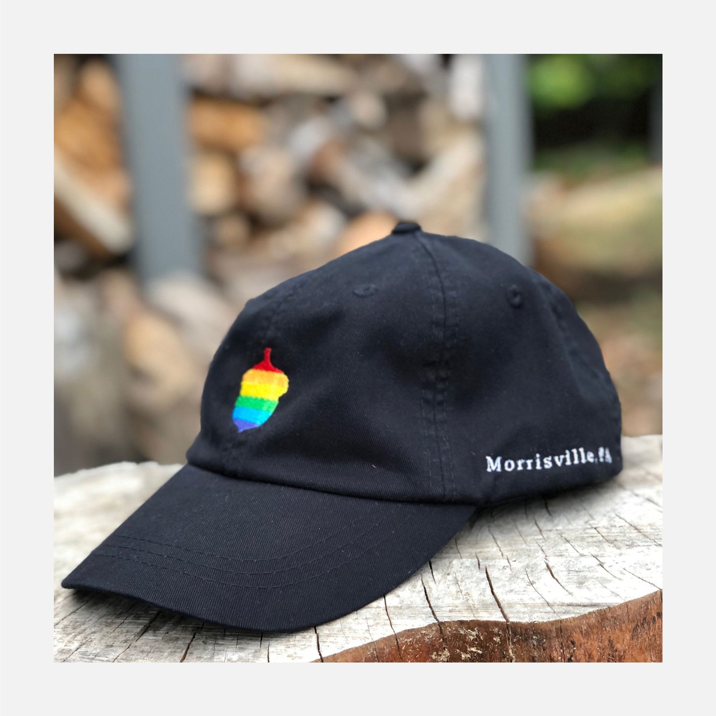Acorn Needlepoint Hat, black with a rainbow or white acorn